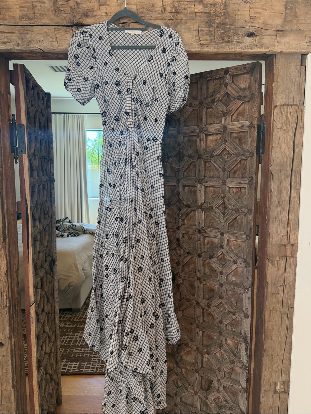 LoveShackFancy White and Black Gingham Floral Maxi Dress